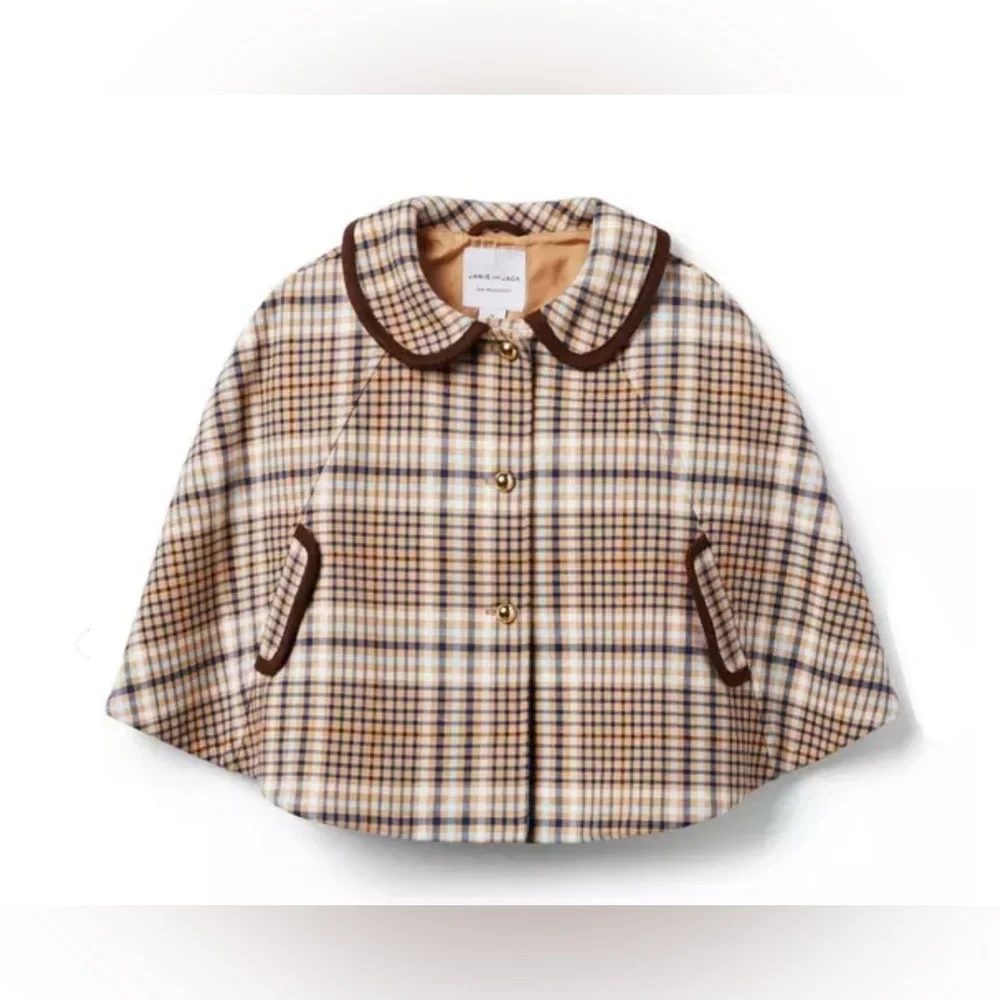 Janie and Jack Girls Size 2T Tan Plaid Cape Brown Velvet Trim Gold Buttons